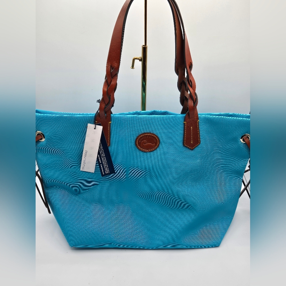 Dooney & Bourke Turquoise Nylon Tote with Brown Braided Leather Handles